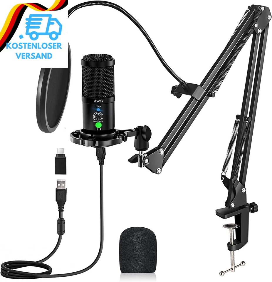 Aveek Professioneller USB Kondensator Mikrofon Kit 192Khz / 24Bit PC Podcast Mik