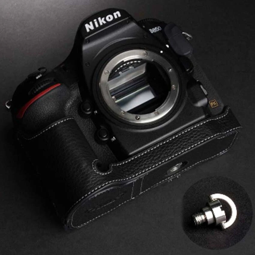 Medio estuche para cámara de cuero genuino hecho a mano para Nikon D850 D750 Foto 2 de 4