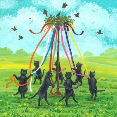 11x11 Print Of Painting Ryta Maypole Dance Black Cat Spring Pagan Beltane Art  