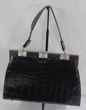 Vintage Vassar Black Alligator Skin Swagger Handbag Bag Purse Silver Hardware 