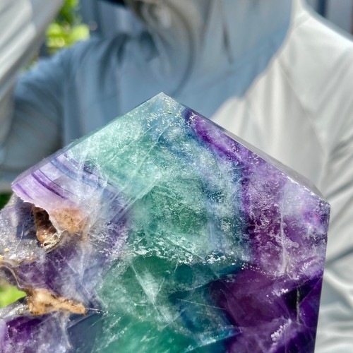 3.04LB Natural Rainbow Fluorite Obelisk Quartz Crystal Wand Tower Point Healing. - 第 10/10 張圖片