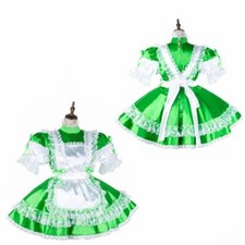 French Sissy maid Girl lockable Green Satin dress cosplay costumes Tailor-made
