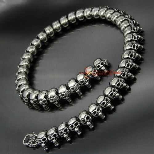 Heavy Huge Stainless Steel Multi Skulls Chain Link Men's Necklace Silver 18-30" - Picture 5 of 19