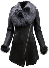 Women's Black Suede Merino Sheepskin Leather Coat With Toscana Collar 
