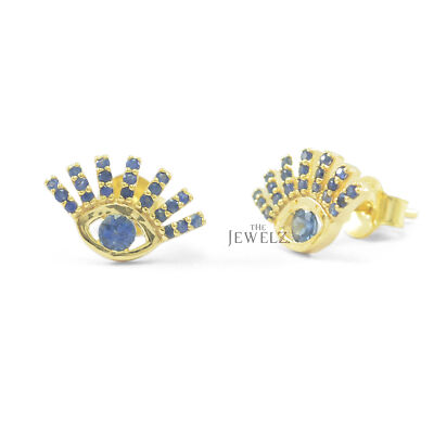 14K Gold 1.00 CT Blue Sapphire Evil Eye Studs Earrings - The Jewelz