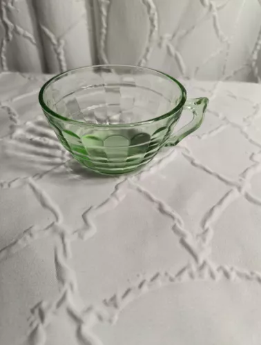 Green Depression Uranium Glass Block Optic 3.5" Diameter Small Cup Fancy Handle 
