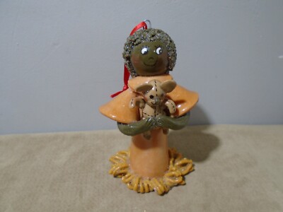 VINTAGE HANDMADE SHELLACKED SALT DOUGH AFRICAN AMERICAN GIRL WITH TEDDY BEAR 4 