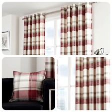 Fusion BALMORAL CHECK Ruby Red Tartan 100% Cotton Eyelet Curtains & Cushions