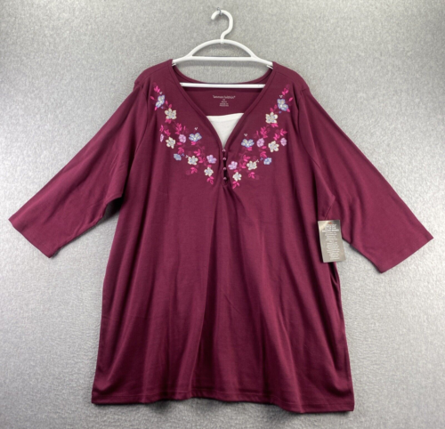 Woman Within Top Blouse Plus 3XL Burgundy Floral Embroidered Pullover NEW