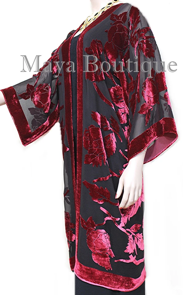 Red Long Kimono Jacket Silk Burnout Velvet No Fringe Maya Matazaro Hand Dyed USA - Image 2 of 4