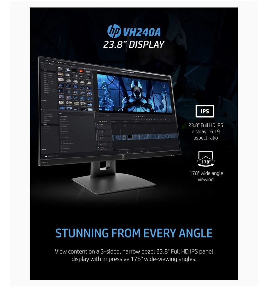 HP VH240a 23.8-Inch Full HD 1080p IPS LED Monitor with Built-In Speakers - Image 2 of 4