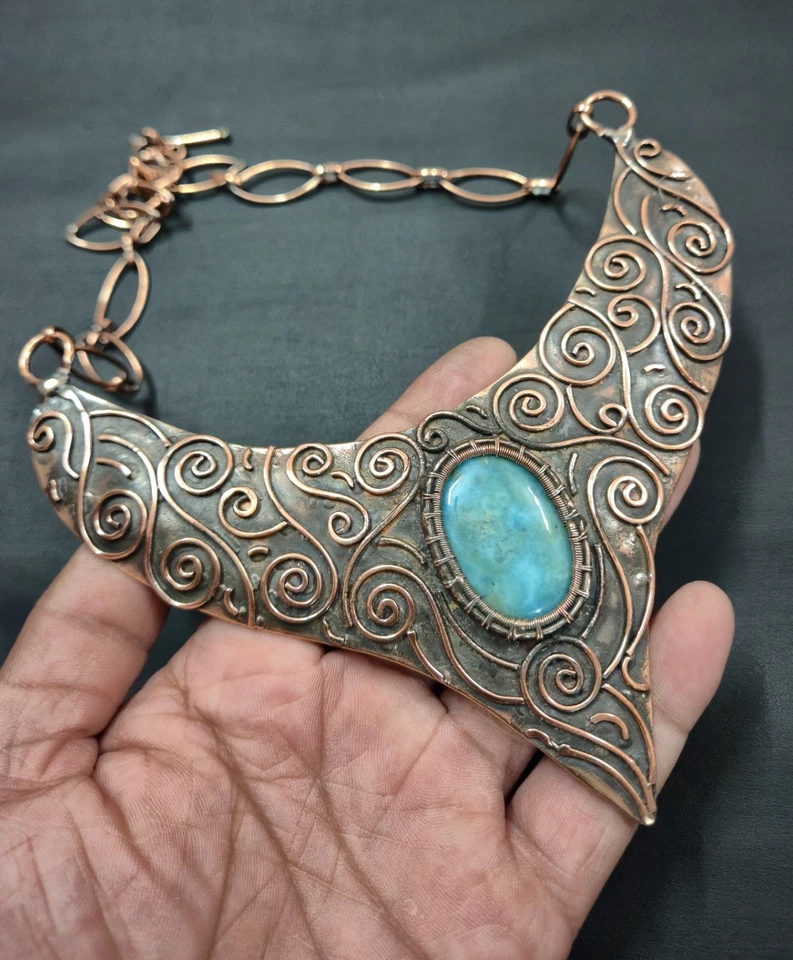 Ларимар драгоценных камней ожерелье медная проволока обернутый ручной работы регулируемый подарок ожерелье - Изображение 3 из 4