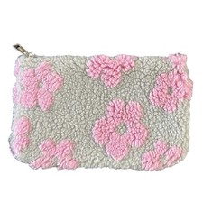 Soft Plush Makeup Bag 8.5 X 5.5  Girly Boho Preppy Pink Gray Flowers Zip Bag New