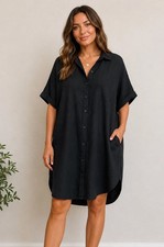 NEW Old Navy Women’s Linen-Blend Short-Sleeve Button-Down Shirt Dress Black L