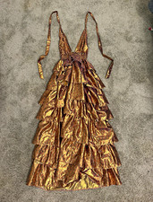 LoveShackFancy Bexlie metallic tiered halter maxi dress gold bronze size S