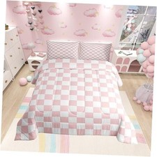 Pink White Grid Comforter Set Size, Reversible Geometric Queen White Pink