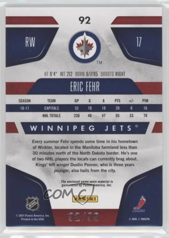 2011-12 Certified Mirror Blue Materials /99 Eric Fehr #92 - Image 2 of 2