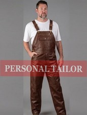 Men's Brown Leather Overall Bib Utility Loose Biker Uniform Dungaree Jumpsuit