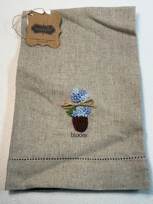 Mud Pie hand finger kitchen towel bloom topiary blue flower French Knot linen