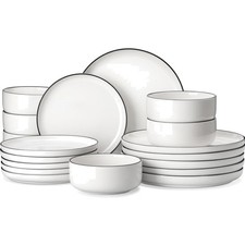 Modernes 18-tlg. Geschirrset für 6 Personen, weißes Porzellan mit schwarzem Rand
