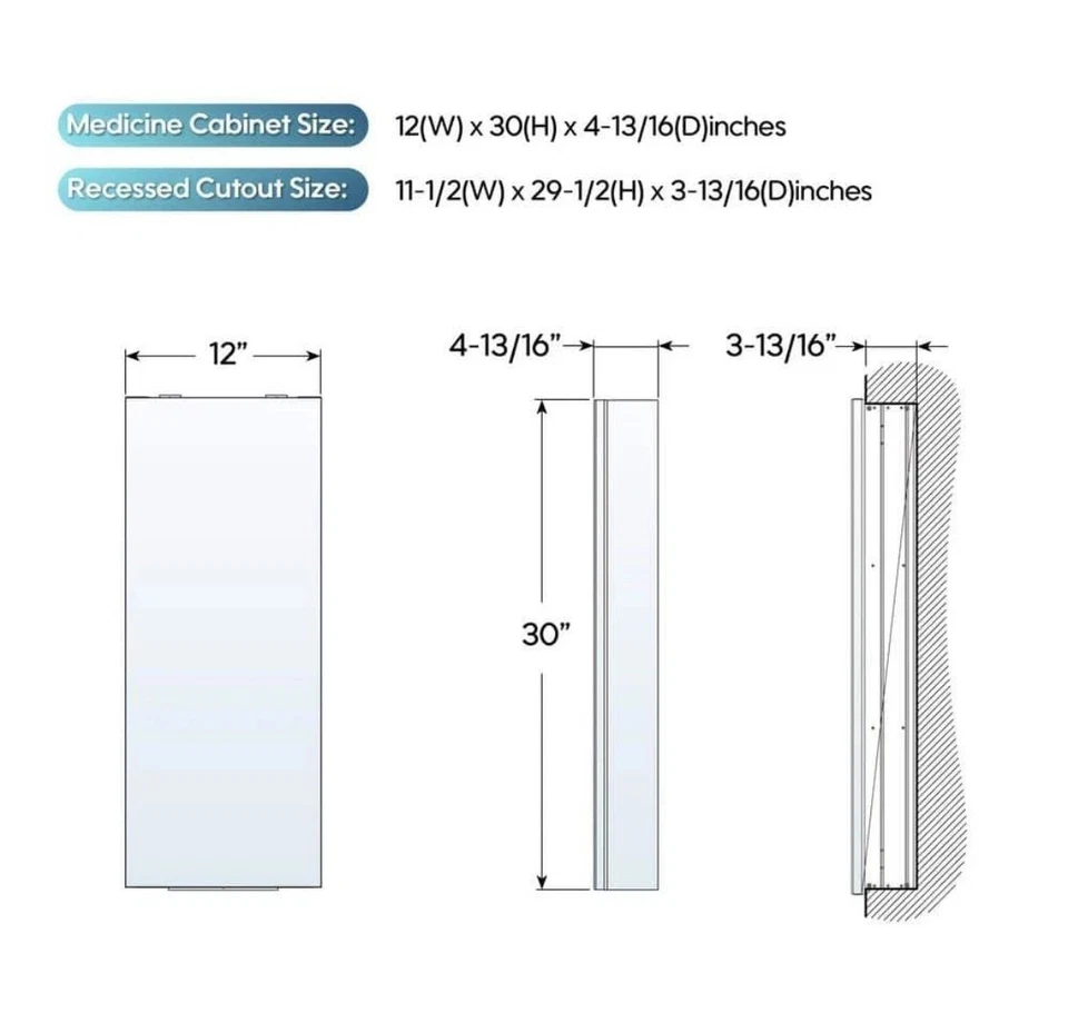 WELLFOR ROSA 12"x30" Tri-View Botiquín Espejo Aluminio Ajustable Foto 2 de 4