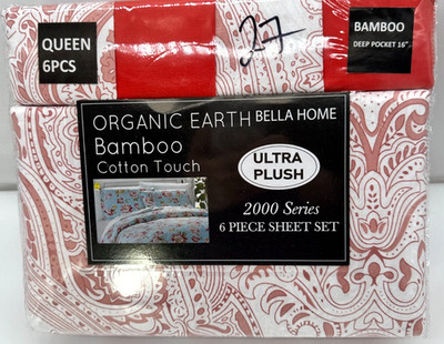 Organic Earth Bella Home Queen 6PC Sheet Set Coral Paisley 16  Deep Pocket NEW