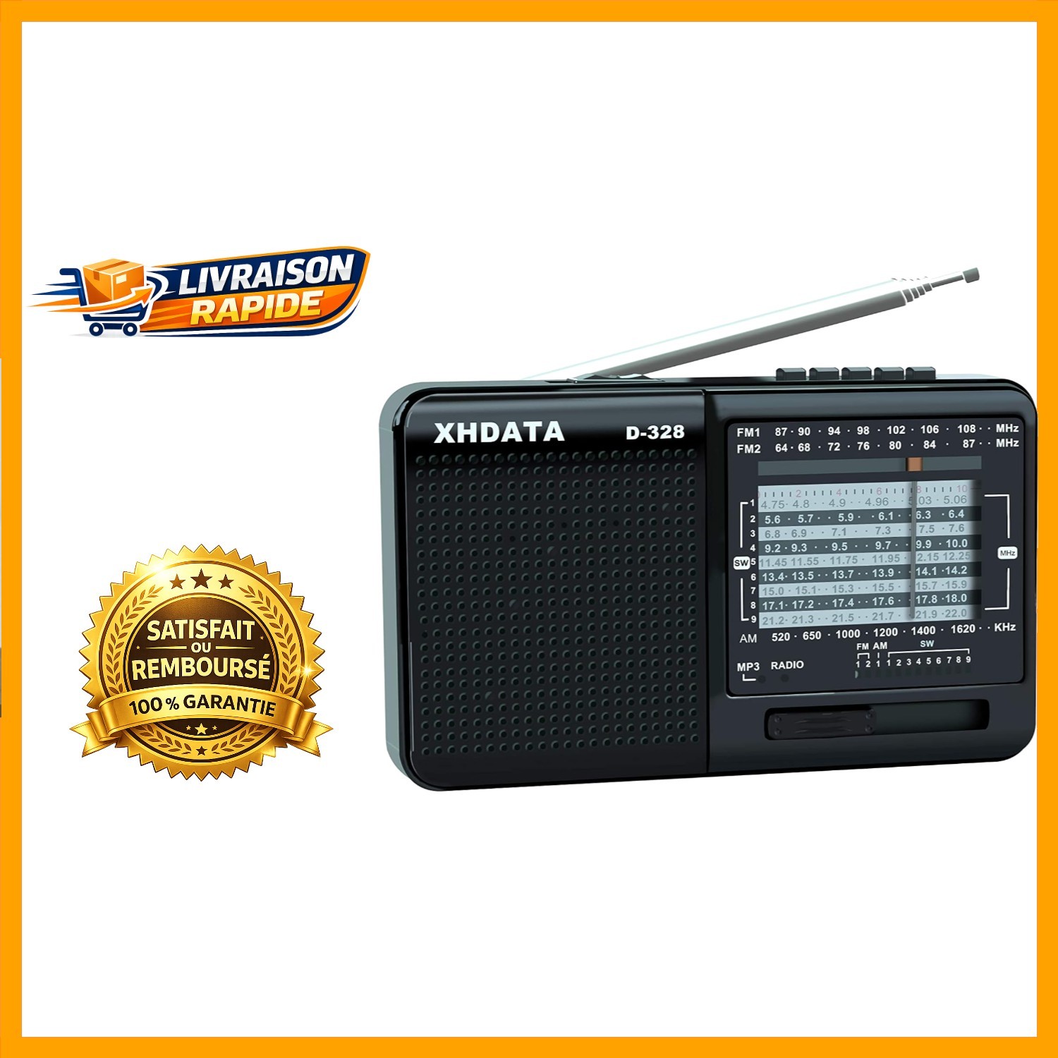 Radio portable XHDATA D-328 et lecteur MP3 rechargeable noir