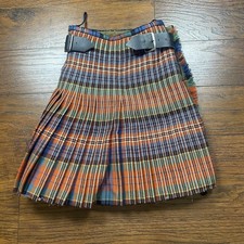 Vintage Plaid Pleated Mini Kilt Orange Blue Tartan Buckle Wrap Skirt