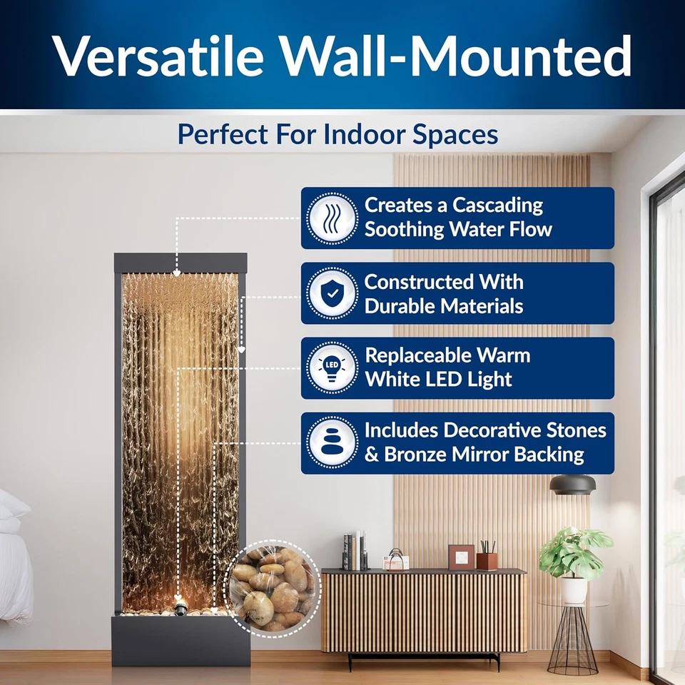 Espejo fuente cascada interior exterior 72" cae con luces LED, decoración bronce Foto 3 de 4