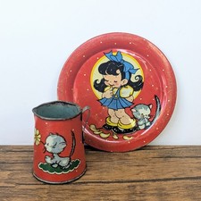 Vintage - 1940 Ohio Art Tin Lithograph 2 Piece Tea Set, Red Girl  Kitten