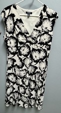 Chaps Dress Women's Large Floral Print Sleeveless Black White Ruched Waist Midi
