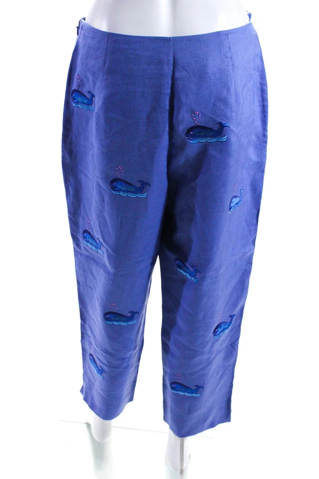 Pantalones de lino recortados de ballena bordados tiro alto azul talla 12 CJ Laing para mujer Foto 4 de 4