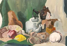 Vintage original gouache painting still life with teapot