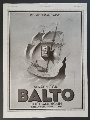 1938 Balto Cigarettes Francia decoración artística francesa década de 1930 anuncio impreso vintage - Imagen 2 de 3