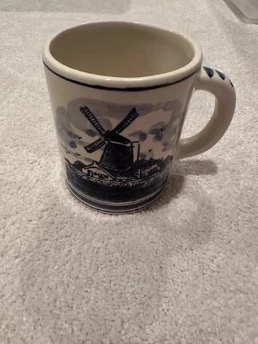 Vintage Delft Blue 5”H Coffee Mug Hand Painted Holland Windmill and Floral SALE!