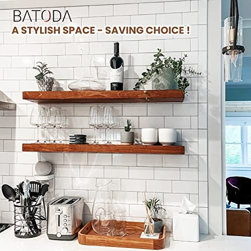BATODA Set of 2 17" Acacia Wood Floating Shelves Wall Mounted  Assorted Sizes  - Picture 18 of 25