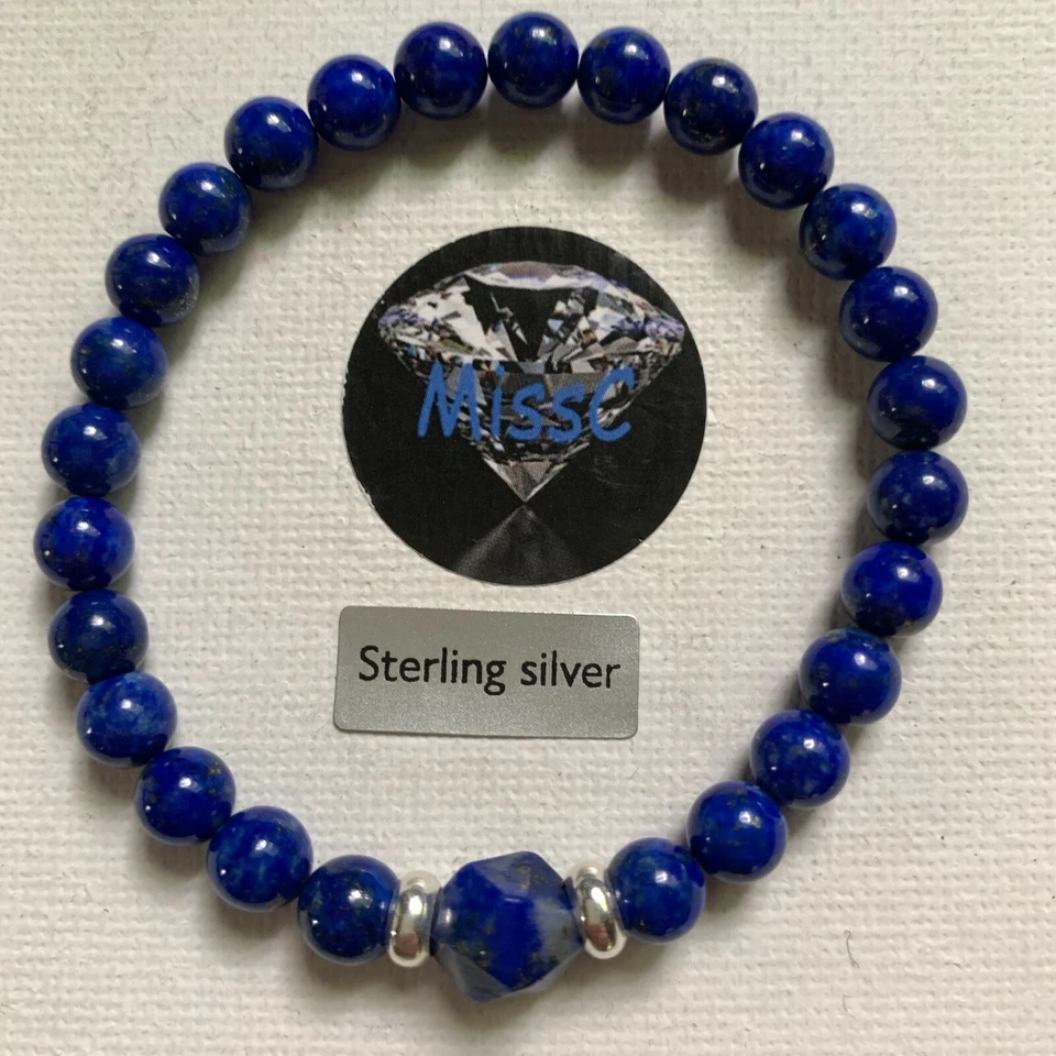 LAPIS LAZULI BEADED BRACELET WITH CENTRAL DECAGON STONE AND 925 STERLING SILVER - Image 2 of 4