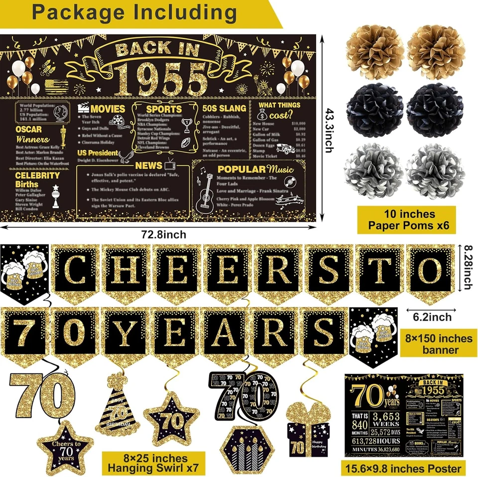 Decoraciones de cumpleaños 70 para hombres mujeres, 16 piezas en 1955 banner de fiesta decorati Foto 2 de 4