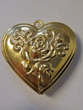 VTG MODERN LOCKET RAW BRASS EMBOSSED HEART w FLOWER ROSE NOS PENDANT CHARM