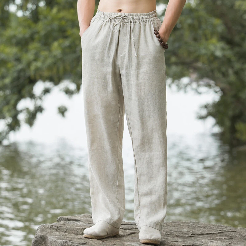 Men's Linen Pants Tang Suit Drawstring Beach Loose Straight Trousers