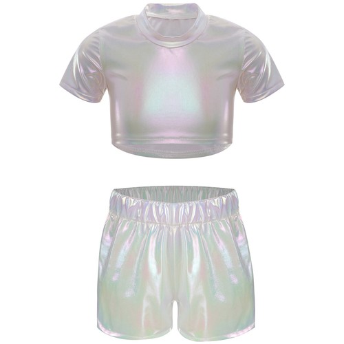 Kids Girls Top And Shorts Shiny Dance Outfit Performance Jazz Activewear Stage - Picture 47 of 67