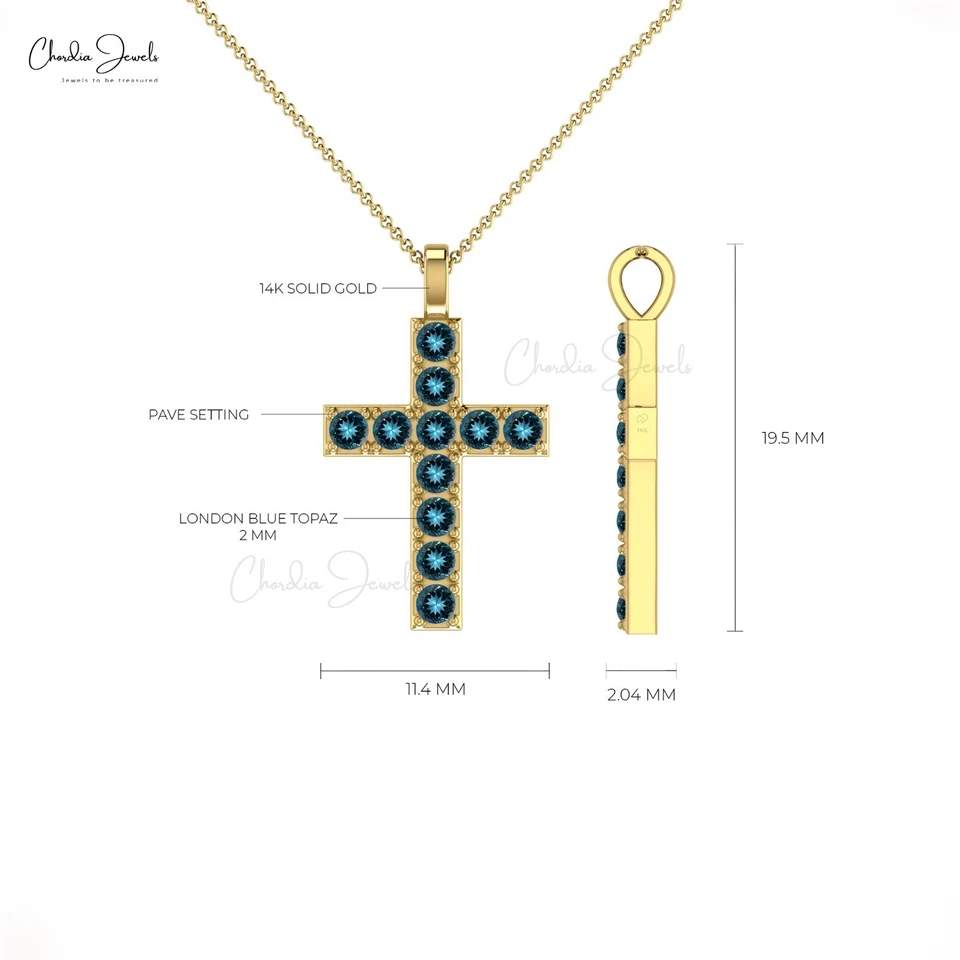 Colgante Pavé Cruz Topacio Azul Londres Redondo 2mm Oro Sólido 14k Joyería de Navidad Foto 4 de 4