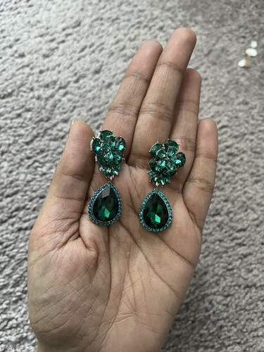 Dark Green Clip On Flower Pine Crystal Rhinestone Pageant Wedding Earrings 2” - Picture 5 of 8