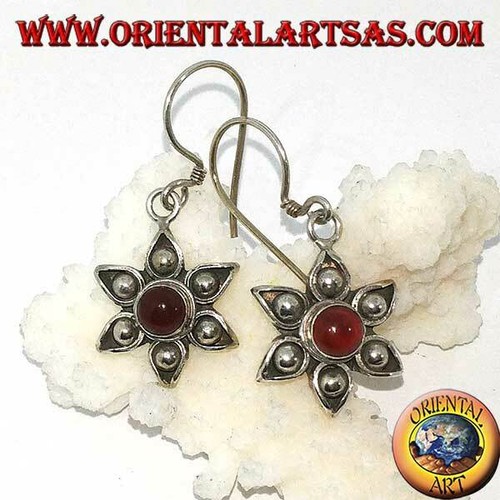 Orecchini d'argento 925 ‰ fiore a sei petali con corniola centrale fatto a mano - Foto 1 di 2