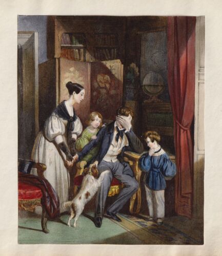 Escena familiar familia desgracia accidente Biedermeier litografía 1840 - Imagen 1 de 1