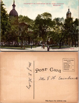 Court House St Johns Cathedral Park Scene Milwaukee Wisconsin WI Postcard