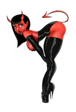 Red Devil in Black Leather Pin Up Girl Small Decal Sticker 3"