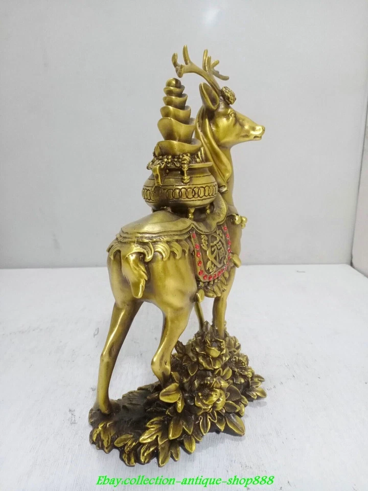 Old Chinese Brass Gems Fengshui Wealth Deer Sika deer Coin Yuanbao Animal Statue - Image 4 of 4