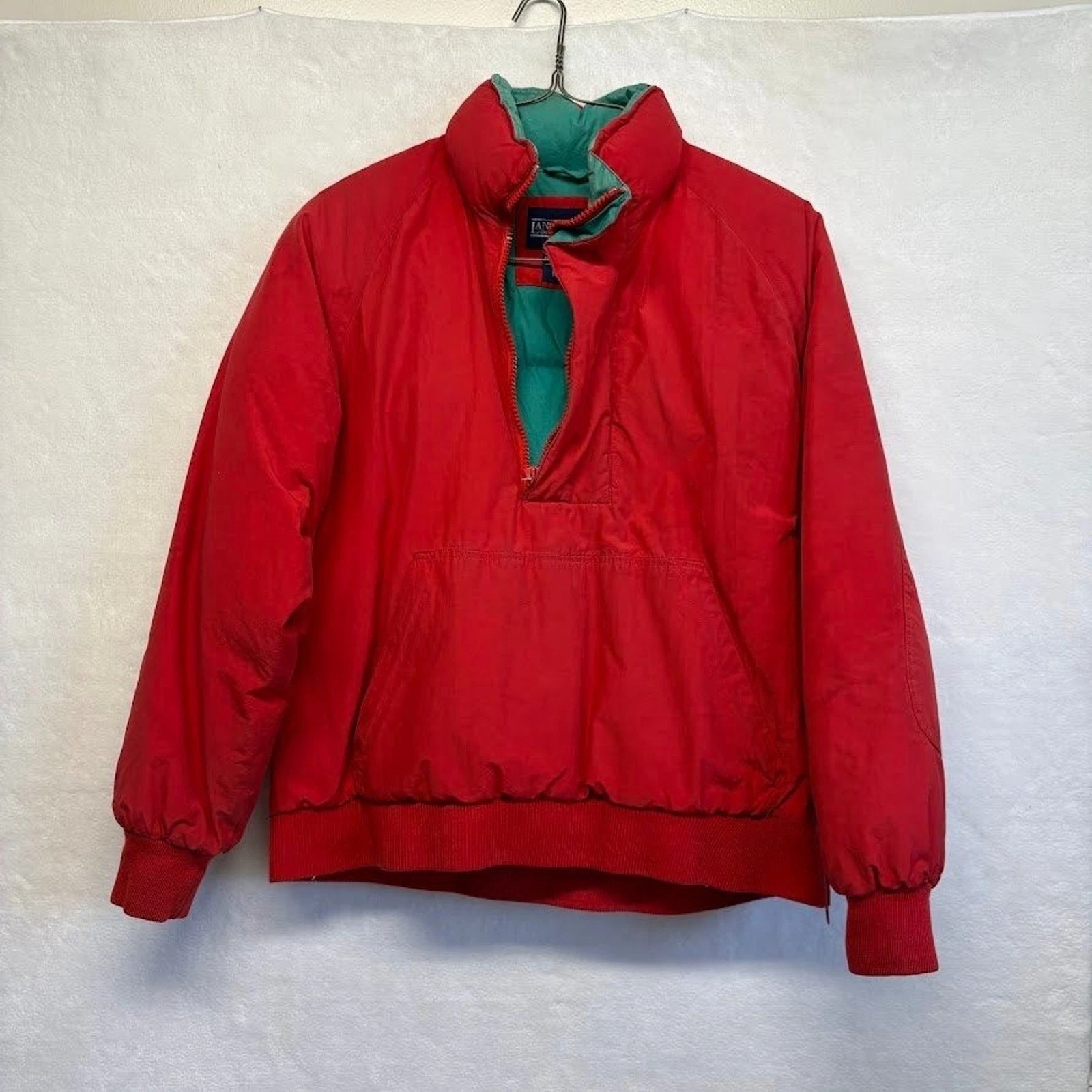 Lands End Vintage Down Jacket Red Pullover Anorak Puffer 1/4 Zip Ski Jacket M