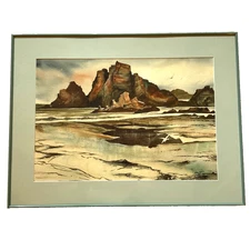 Vintage 60s seascape beach watercolor original painting signed Patton framed